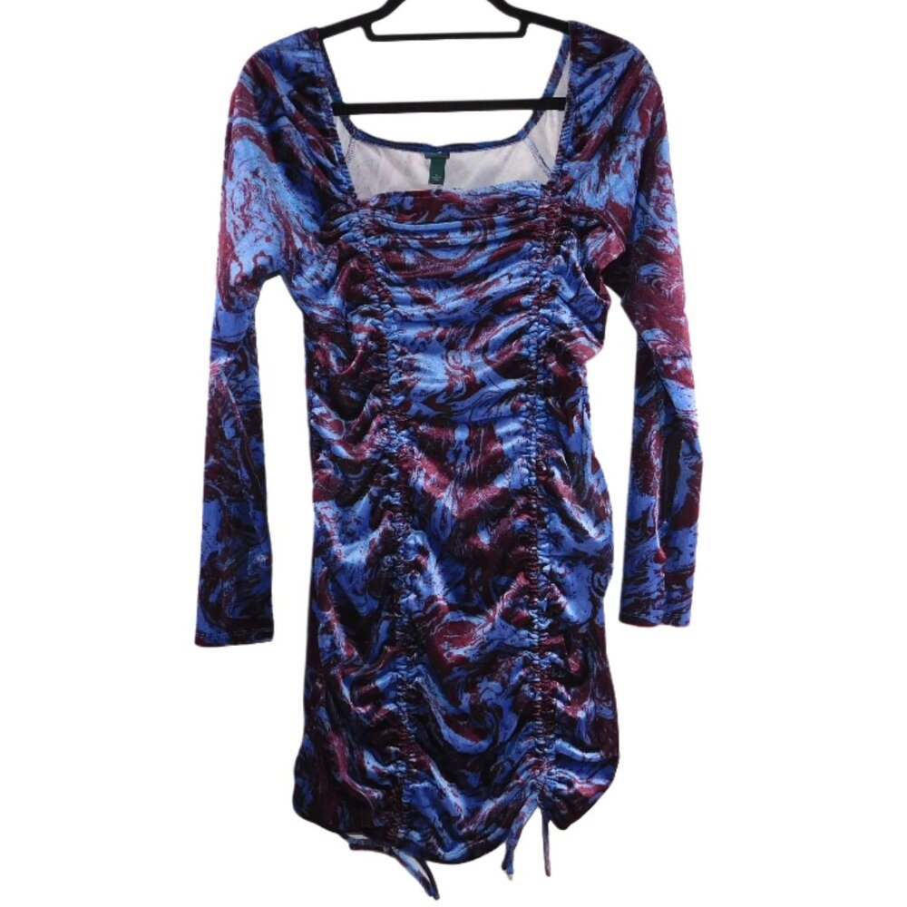 Wild Fable Ruched Velvet Mini‎ Dress – Abstract Print Long Sleeve – Size L NWT